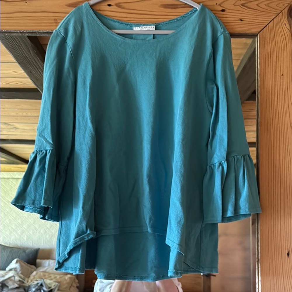 Bryan Walker Aqua Ruffled Bell Sleeve Blouse, cotton